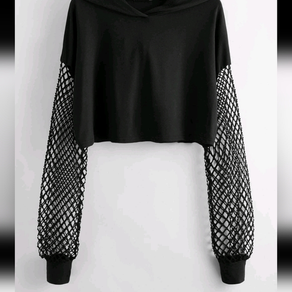 Mesh Fishnet Sleeve Cropped Hoodie - Picture 2 of 4